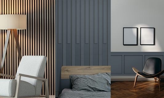 Three types of accent walls board and batten, wood slats, and vertical geometric slats