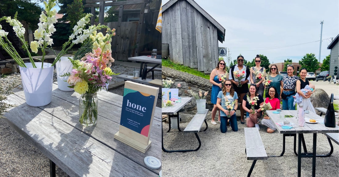 Two images side by side. Left image of flower arrangements a sign for Hone on a picnic table. Right image of a group of women holding flower arrangements.