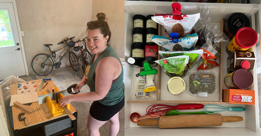 Two images side by side. The left of a women in a tank top cutting wood with a miter saw. The right of an organized kitchen spice cabinet with DIY wood dividers.