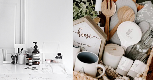Two images side by side. Image on left of Aesop soap in fancy bathroom with marble counter. Image on right is a basket of gifts including candle, spoon holder, and other items.