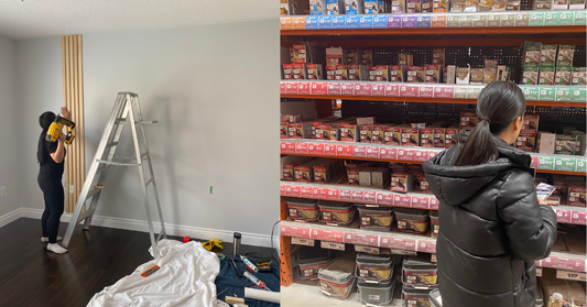 Two images side by side. Left side is of a woman using a nail gun to install wood slats. The right image is of a woman looking at a shelf of different nails at a hardware store.