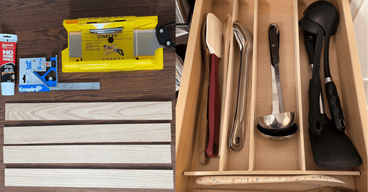 Photos on left is a set of supplies like adhesive glue, wood boards, and mitre saw. Photo of left is of an organized kitchen drawer with wood dividers.