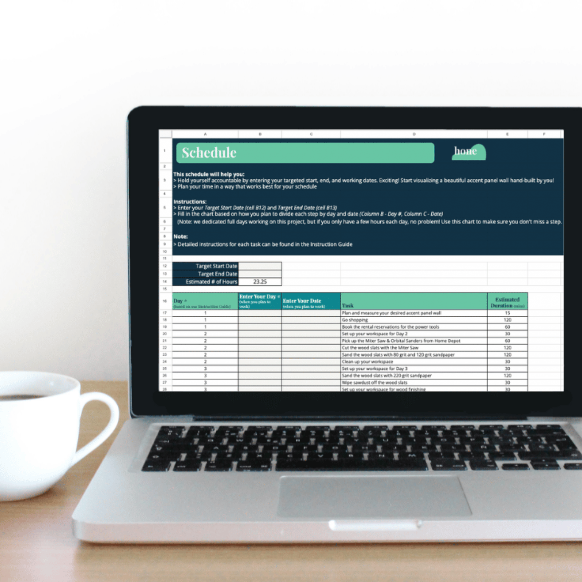 Hone planner on laptop screen on desk with coffee