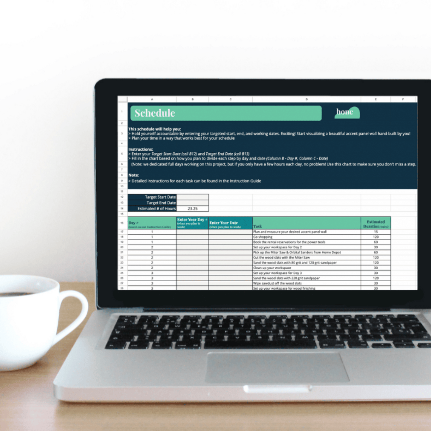 Hone planner on laptop screen on table with coffee