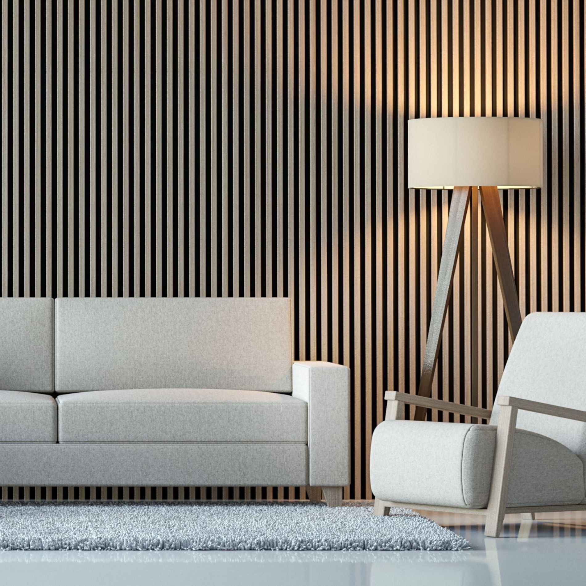 Modern furniture with wood slat accent wall